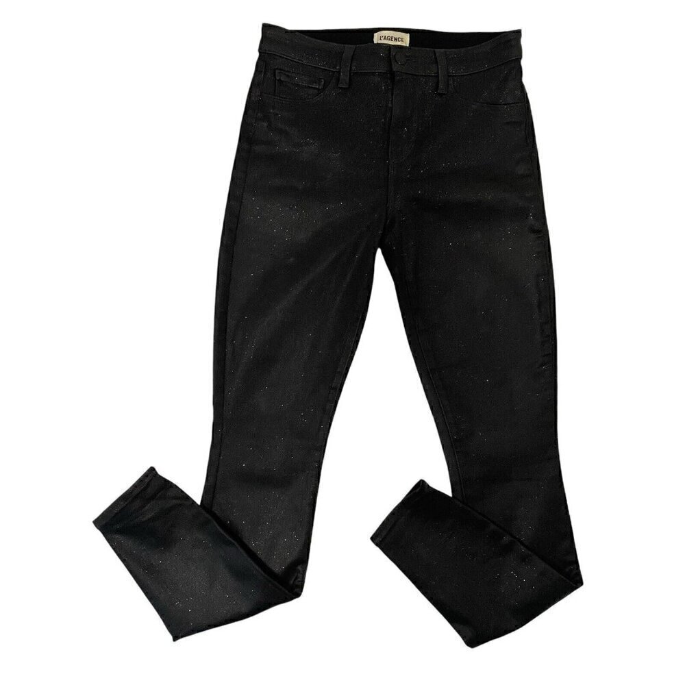 L'AGENCE Glitter Metallic Fleck Coated Skinny Jeans Designer Black size 26